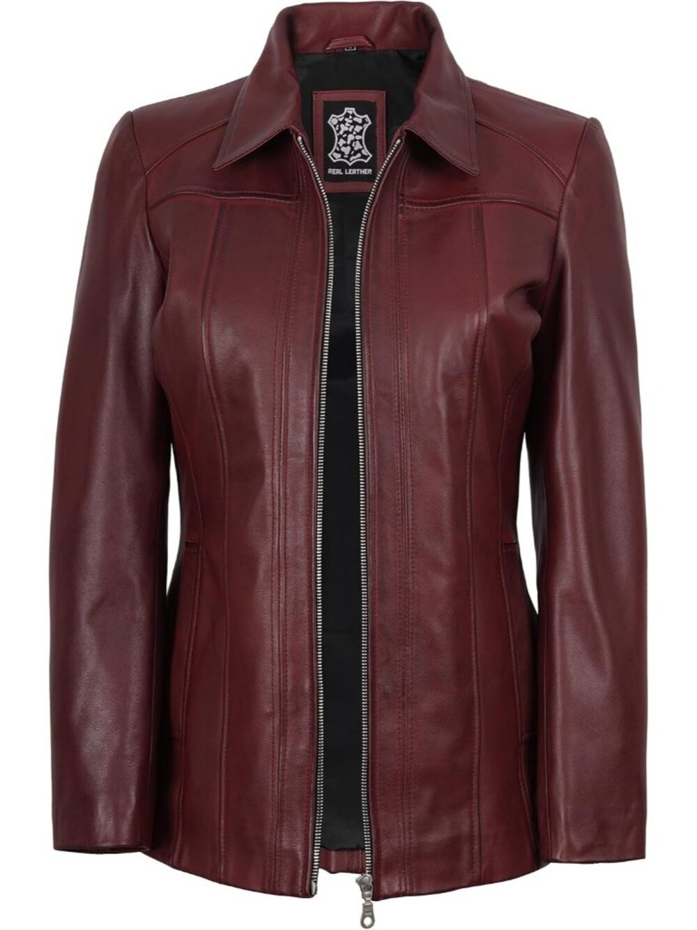 Women’s Maroon  Leather Shirt Collar Long Coat Jacket